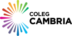 Coleg Cambria logo: Coleg Cambria written in black with a colourful circular pattern of tapered lines. Each line is a different colour from the rainbow spectrum, creating a vibrant, radial design.
