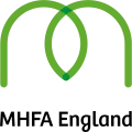 Mental Health First Aider logo featuring a green geometric interlocking curved lines forming an abstract "M" shape on a white background. 
