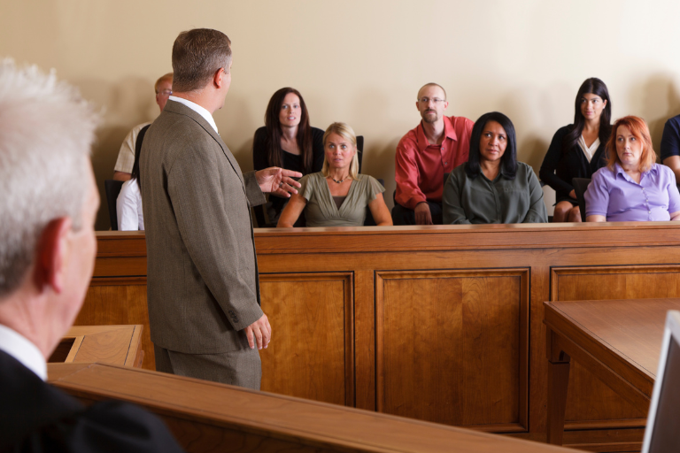 Members of a jury sit in court
